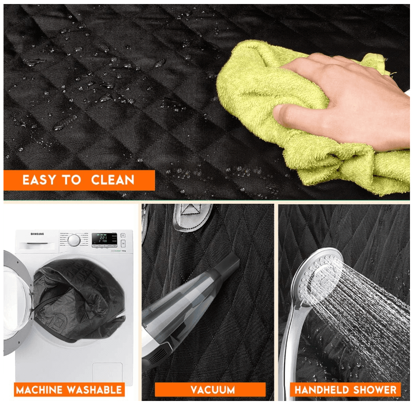 Care instructions: machine washable, vacuum-friendly, rinses clean with a handheld shower