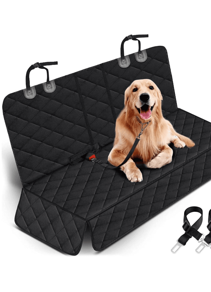 The Backseat Cover laid flat with a golden retriever and included seat belt straps