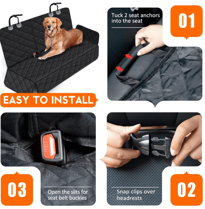 Installation steps: tuck seat anchors, snap headrest clips, open seat belt slits