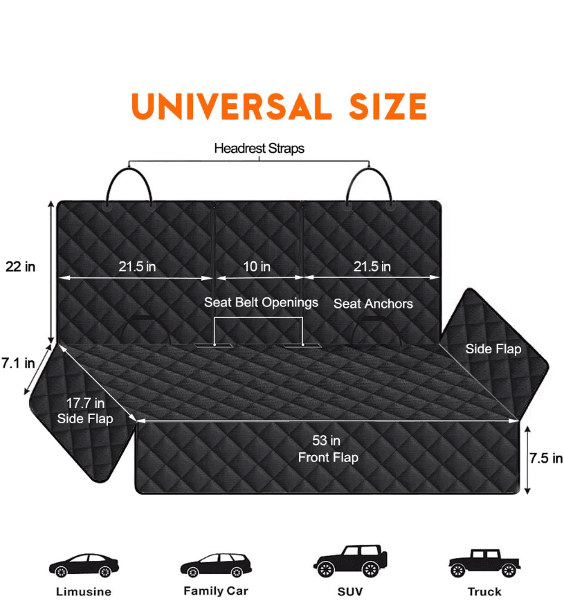 Size diagram showing dimensions and universal fit across car types