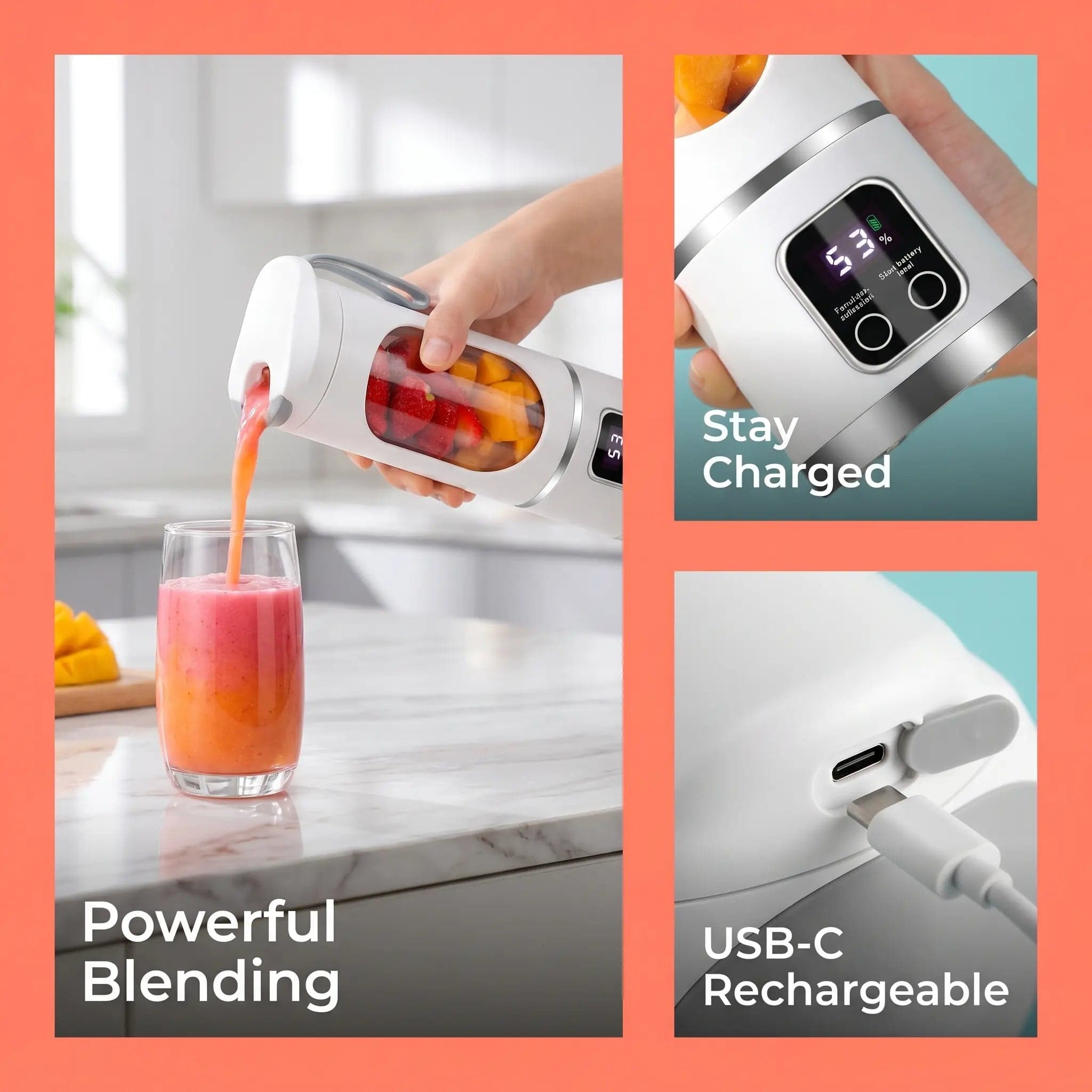 Pouring a smoothie, checking battery level, and USB-C charging