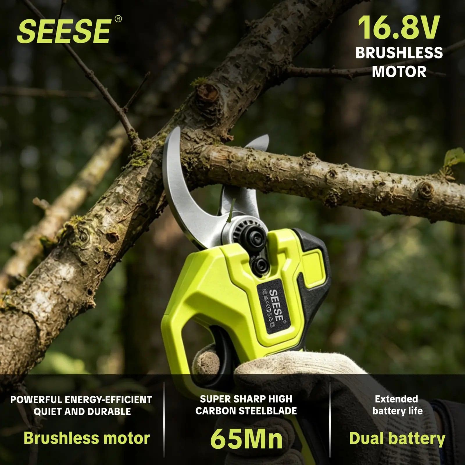 The pruning shears cutting cleanly through a tree branch outdoors