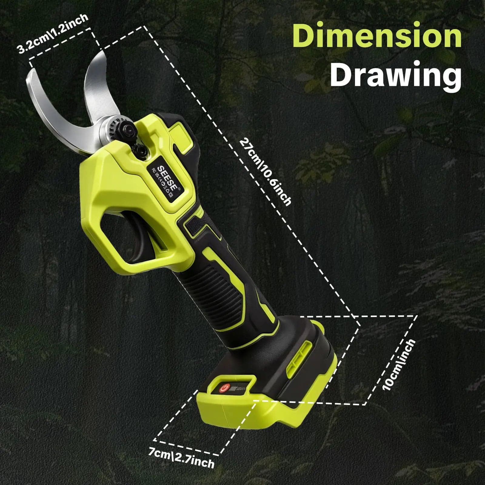Dimension drawing showing the tool's length and grip width
