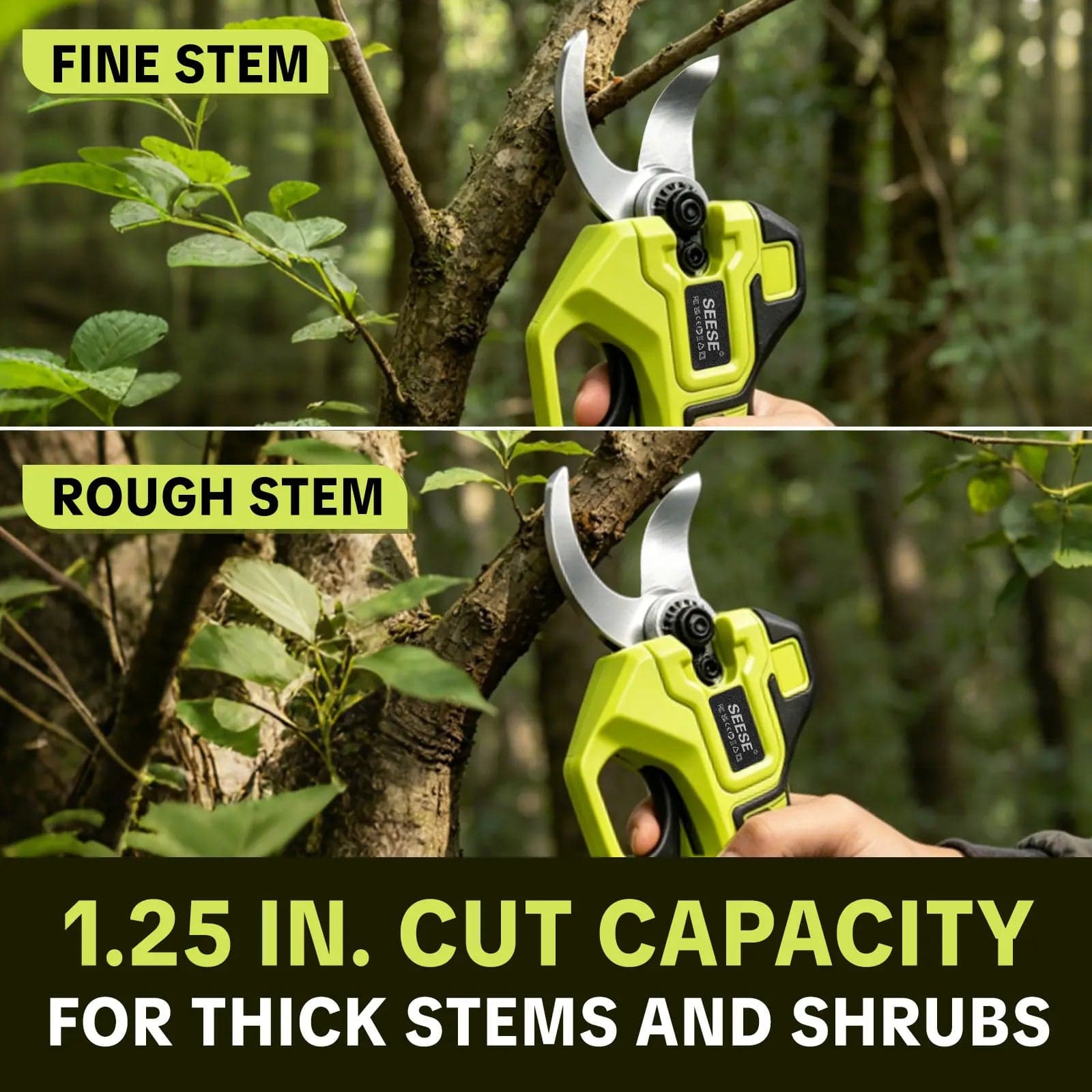 The shears handling both fine stems and rough, woody branches